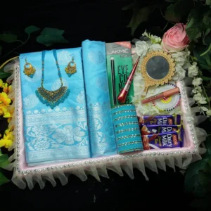 Sky Blue katan Saree Gift Box - স্নিগ্ধ আকাশী শাড়ি কম্বো