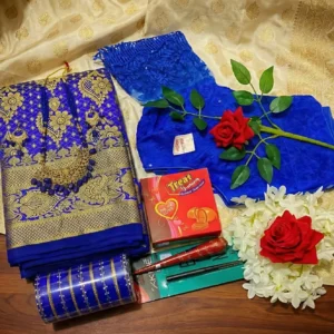 Elegant Blue Katan Saree Gift Set - জন্মদিনের সেরা সারপ্রাইজ বক্স